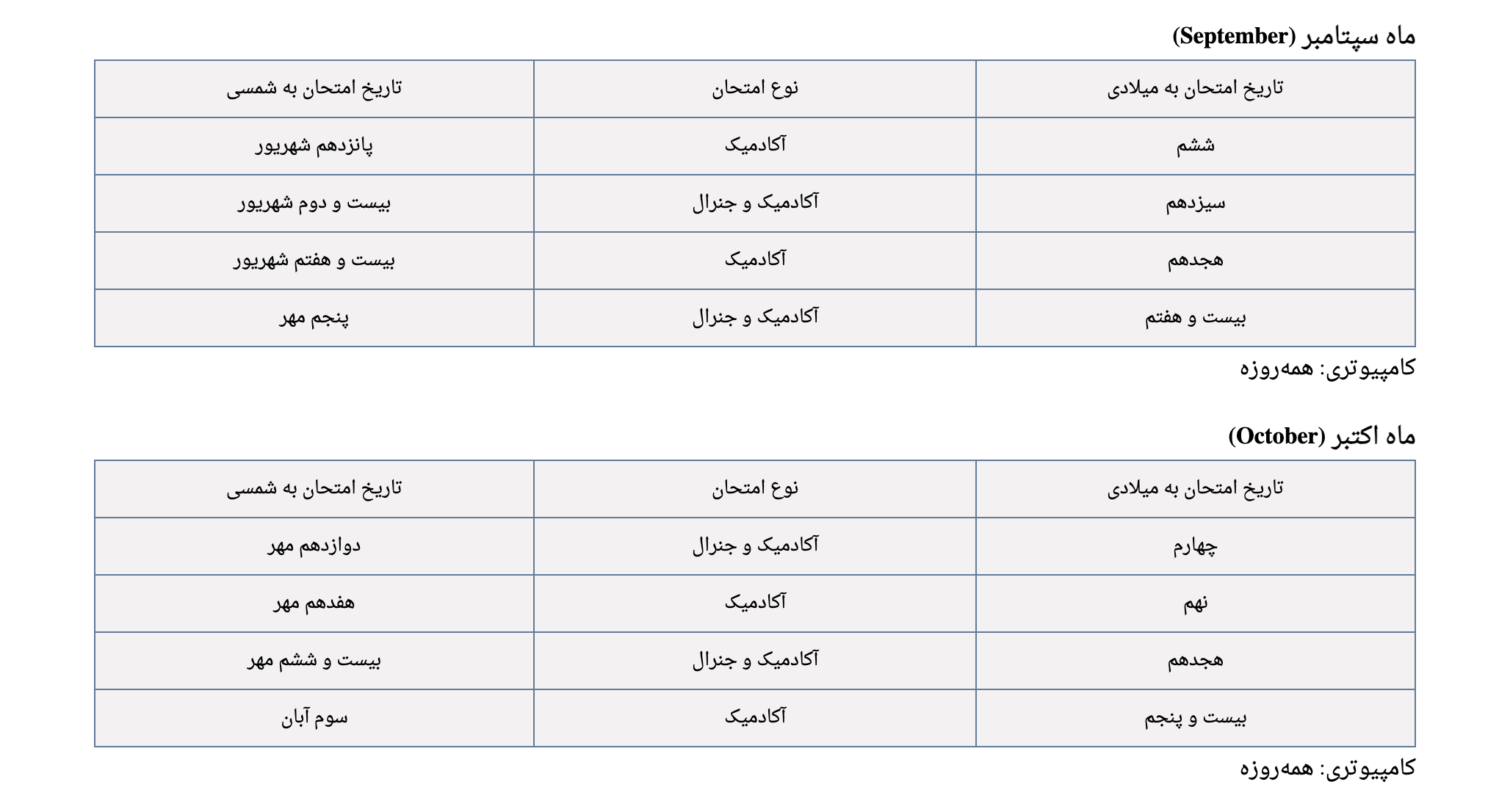 تقویم زمان برگزاری آزمون آیلتس 2025